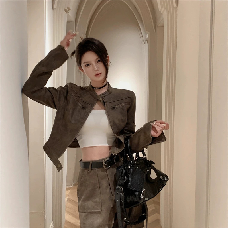 American retro autumn short motorcycle jacket for women, 2026 new style, suede brown, cool and stylish American retro autumn short motorcycle jacket for women, 2026 new style, suede brown, cool and stylish