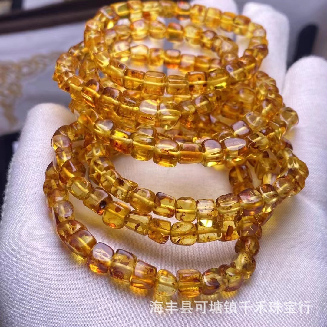 天然琥珀花珀方块随形手链飘花意境独特蜜蜡花珀方糖手串方形配珠