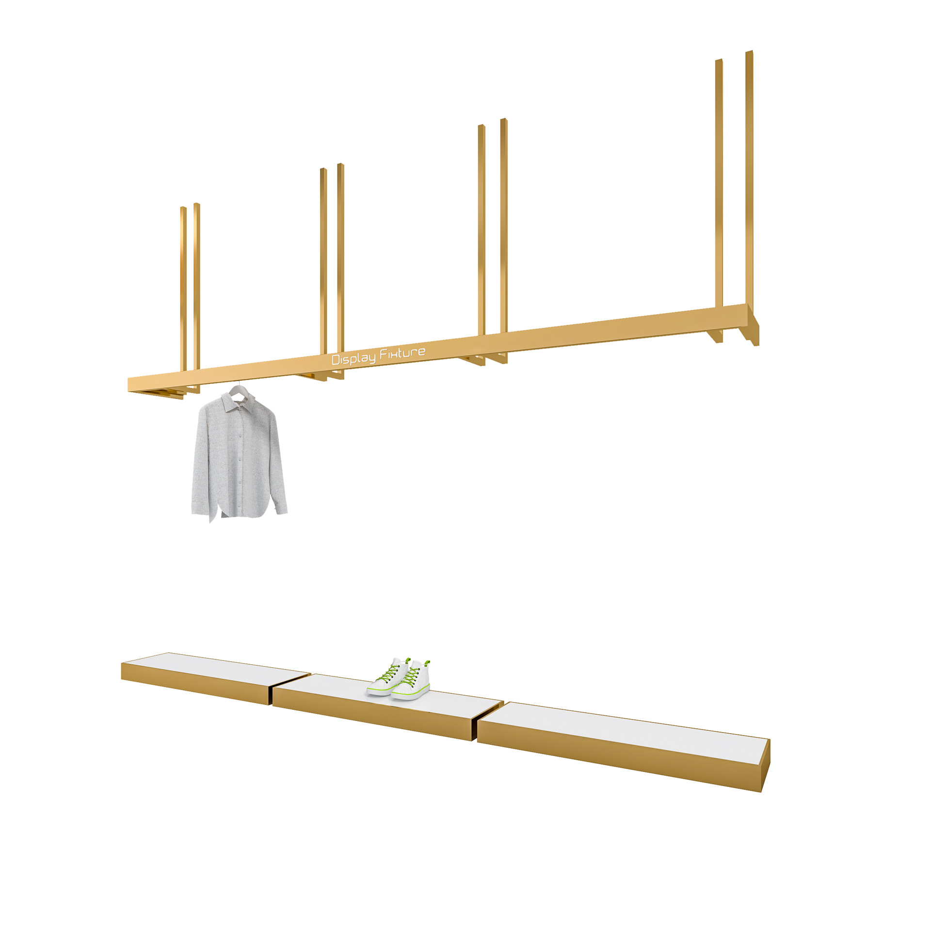 Estantes de ropa de hombre de acero inoxidable en la pared columnas del cielo simple cabina de exhibición de ropa tienda de ropa estante de exhibición estante oro