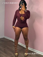 Low-cut solid-color slim-fitting slimming jumpsuit�����@���B