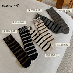 GOOD FA 2025秋冬新款卷边螺口棉质素色条纹女士中筒袜子堆堆袜子