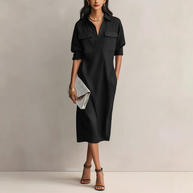 2026 Cross-Border European and American Autumn and Winter New Style Lapel Long-Sleeved Work Clothing Black Dress Casual Long Dress 2026 Cross-Border European and American Autumn and Winter New Style Lapel Long-Sleeved Work Clothing Black Dress Casual Long Dress