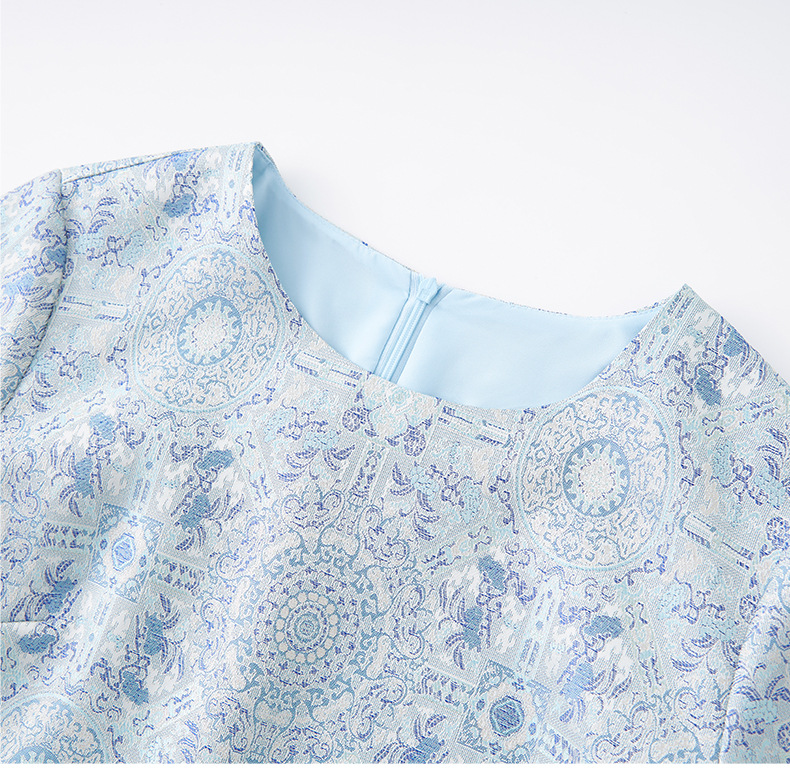 Váy chữ A jacquard lụa vàng phong cách quốc gia tay ngắn chất lượng cao — Màu xanh lam chi tiết 17
