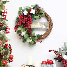 厂家直销 圣诞节装饰品 红黑格蝴蝶结仿真棉花红果藤条圣诞花环