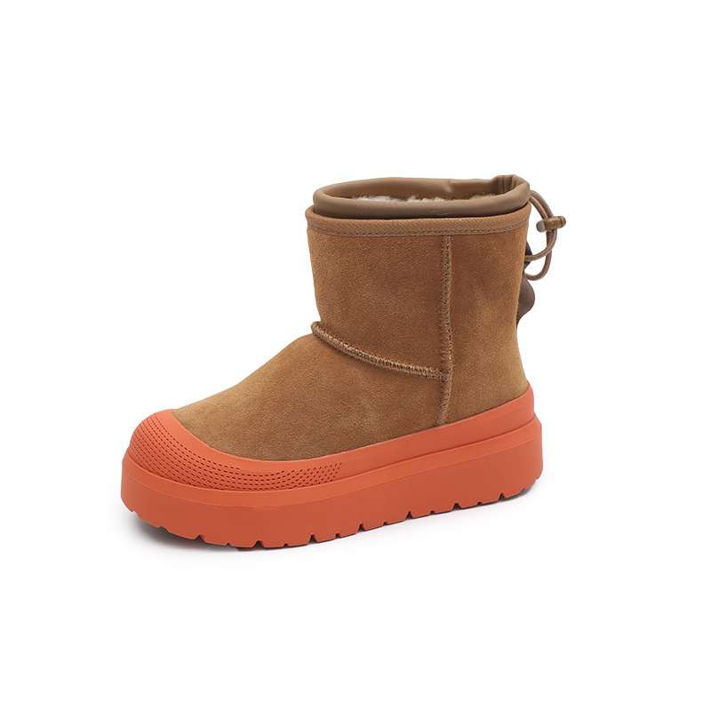 Autumn and winter waterproof thick-soled snow boots for women, slip-on style, with fleece lining and thickened leather and fur, high-top Tasman style, suitable for Northeast China