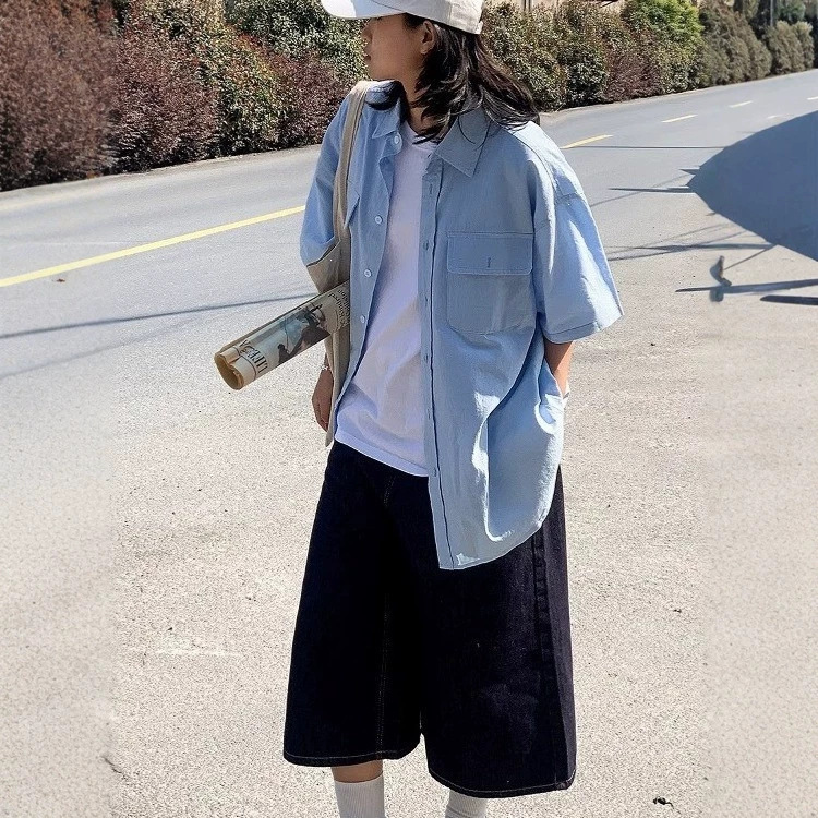 2026 Light Blue Shirt Workwear Short-Sleeved Shirt for Men and Women, Summer Wear, Sunny and Clean, Youthful and Cool Style, Women's Shirt 2026 Light Blue Shirt Workwear Short-Sleeved Shirt for Men and Women, Summer Wear, Sunny and Clean, Youthful and Cool Style, Women's Shirt