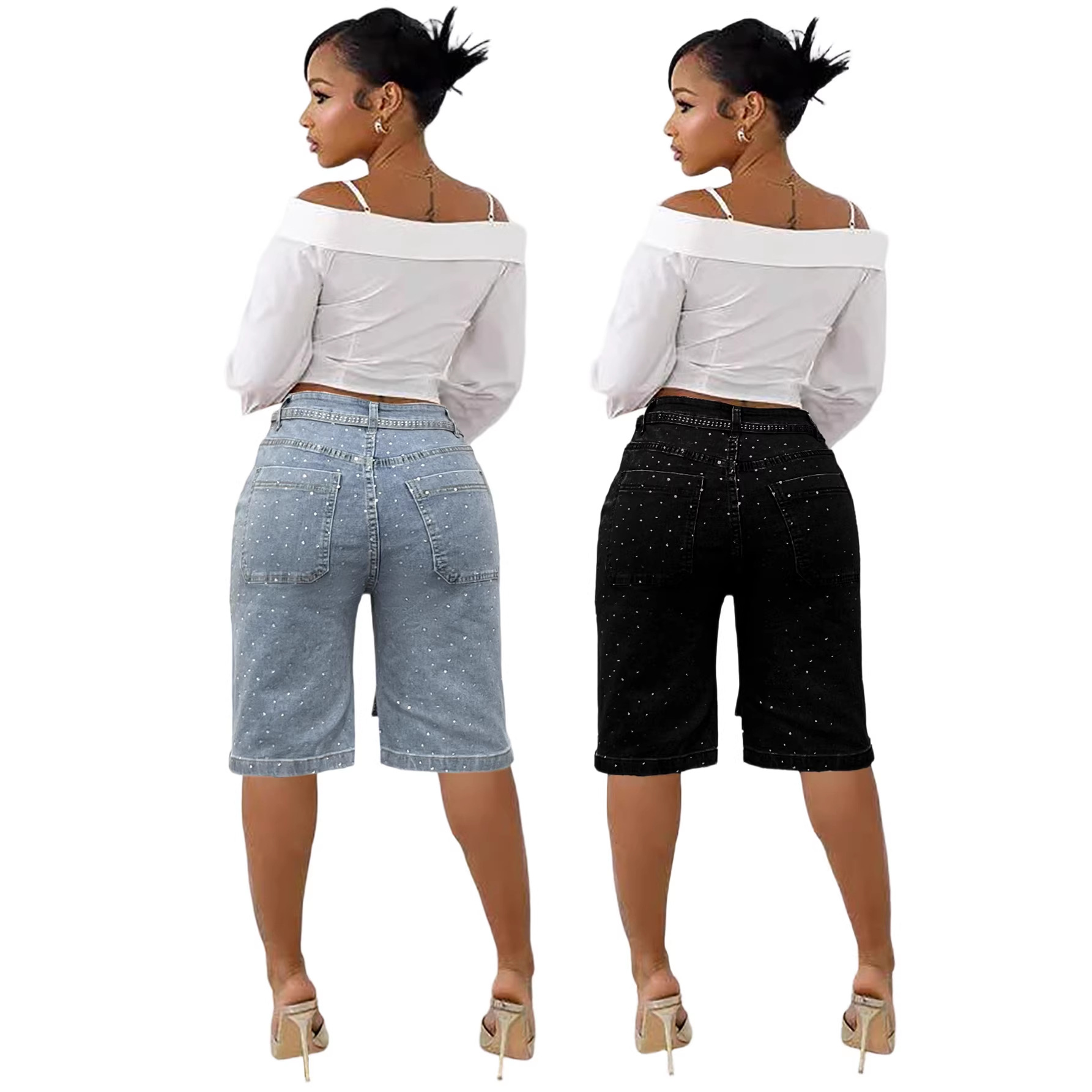 Spring Summer New Women's Loose Fit Denim 5 Pocket Pants Diamond Embellished Belt Spot Pattern Model By D8739_voghion.com
