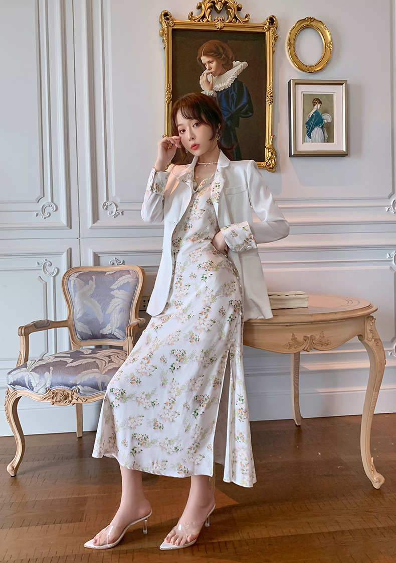 Set công sở nữ áo vest hai mảnh kèm đầm satin dây mảnh — Màu trắng chi tiết 8