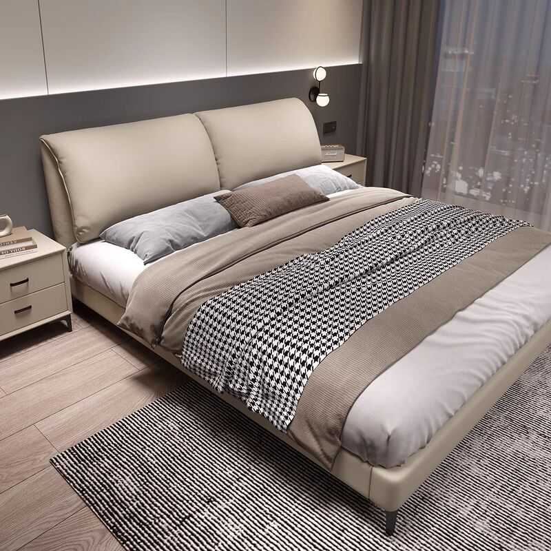 Elephant Ear Leather Bed, Italian Minimalist Style, Modern Master Bedroom, High-End and Elegant Double Bed, Light Luxury Wedding Bed