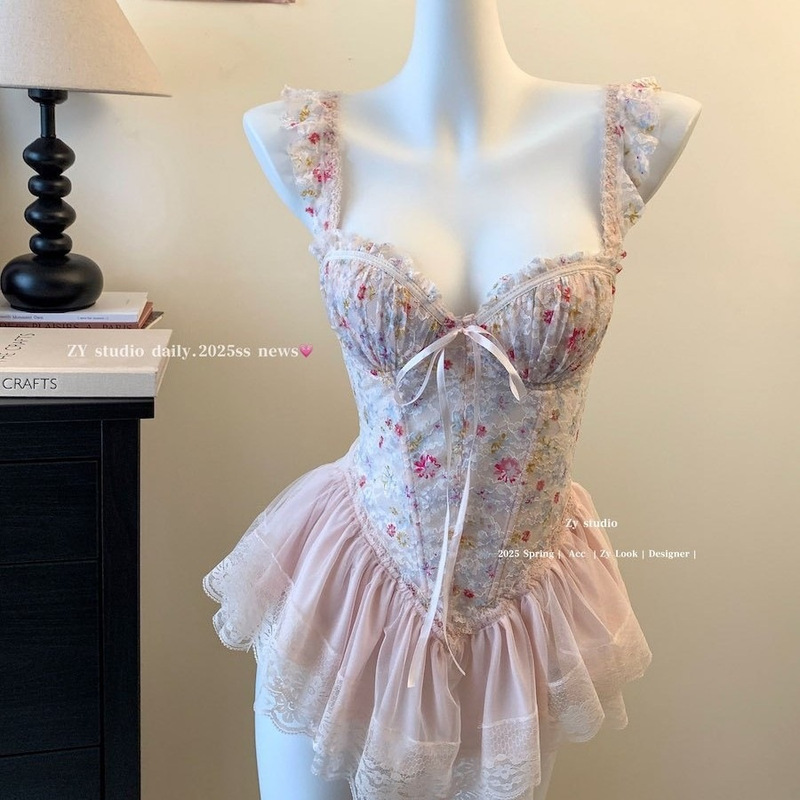 Sexy Lingerie for Women with Small Busts, Floral Print, Sweet Fishbone Bra with Padding, Waist-Cinching and Slimming Effect