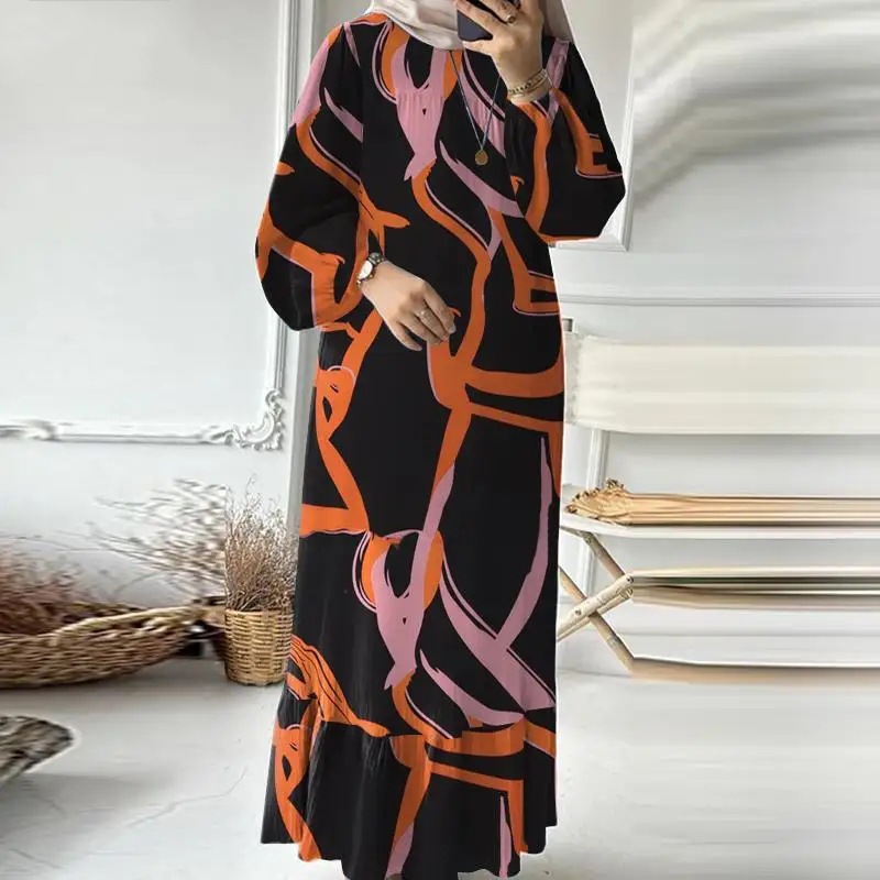 Cross-Border Muslim Women's Clothing Retro Puff Sleeve Printed Ruffle Pocket Dress Middle East Dubai Spring Autumn Abaya_ecoleips.com