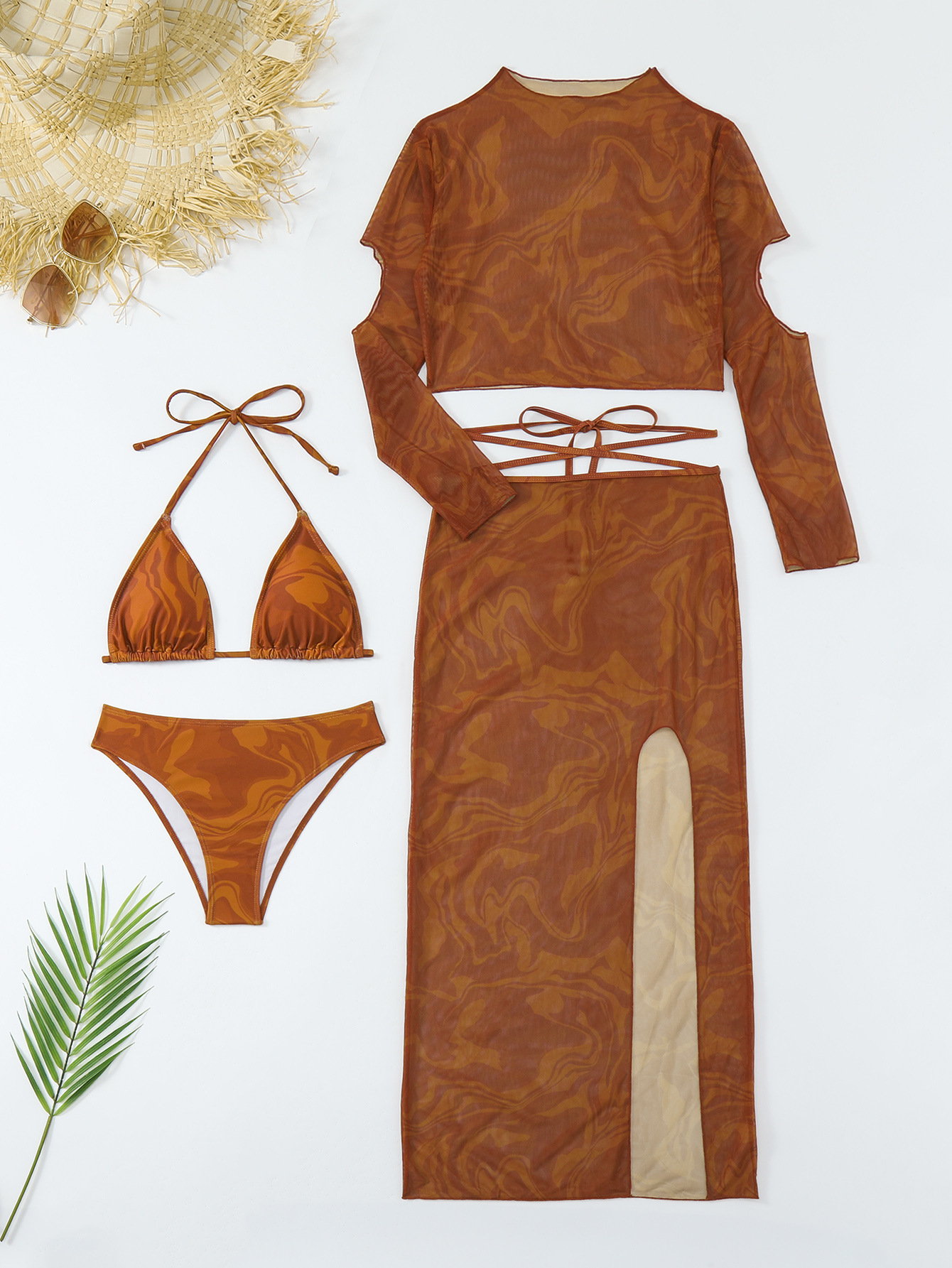 GraceChic Cross-Border Swimsuit Women Three-Piece Sexy Bikini Long Sleeve Half Skirt Printed Fashion High-End Hot Sale Foreign_voghion.com