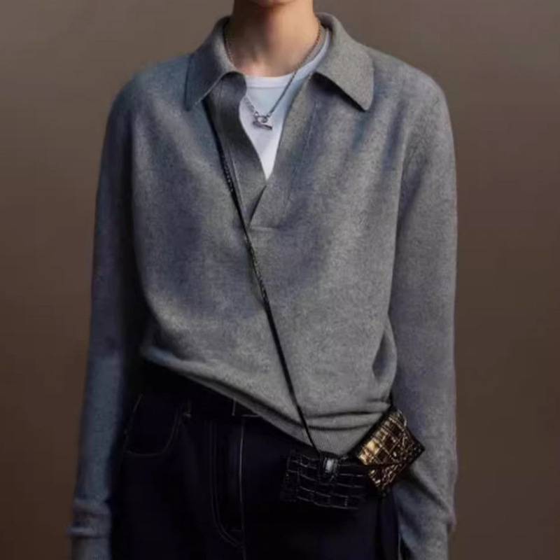 Autumn 2024 Grey Base V-neck Small Lapel Sweater Women's Loose High-end Knitted Shirt with Long Sleeve Top