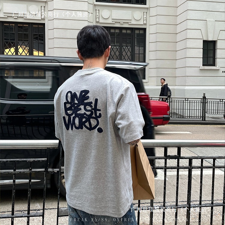 OXFREAK "cartoon letter embroidery" gray double-sided knitted short-sleeved T-shirt men's summer American-style five-sleeve