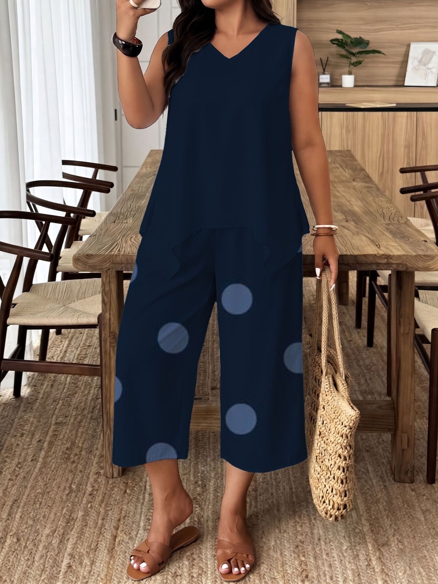 Original Women's Summer Outfit: Sleeveless V-neck Asymmetrical Top With Gradient Plaid And Star Print, Wide-leg_ecoleips.com