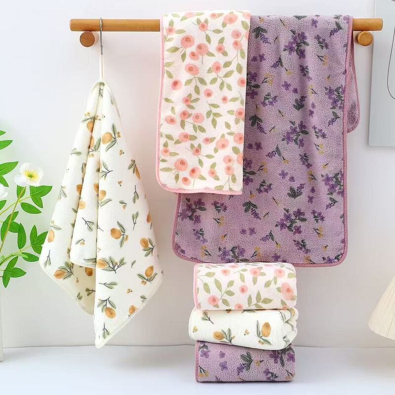 New Small Flower Coral Velvet Printed Towel Bath Towel Set Absorbent Dry Hair Cross-Border Labeling Gift Internet Celebrity