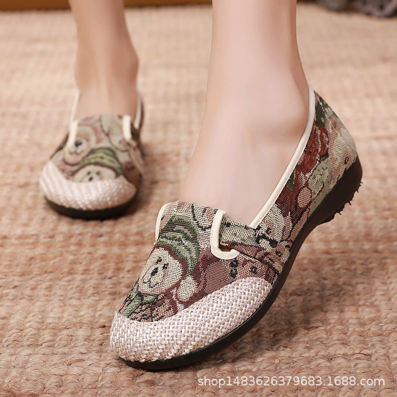Женская парусиновая обувь в этническом стиле, старая Пекинская Тканевая обувь, льняная износостойкая обувь на плоской подошве, без шнуровки с низким вырезом, обувь для мам в горох