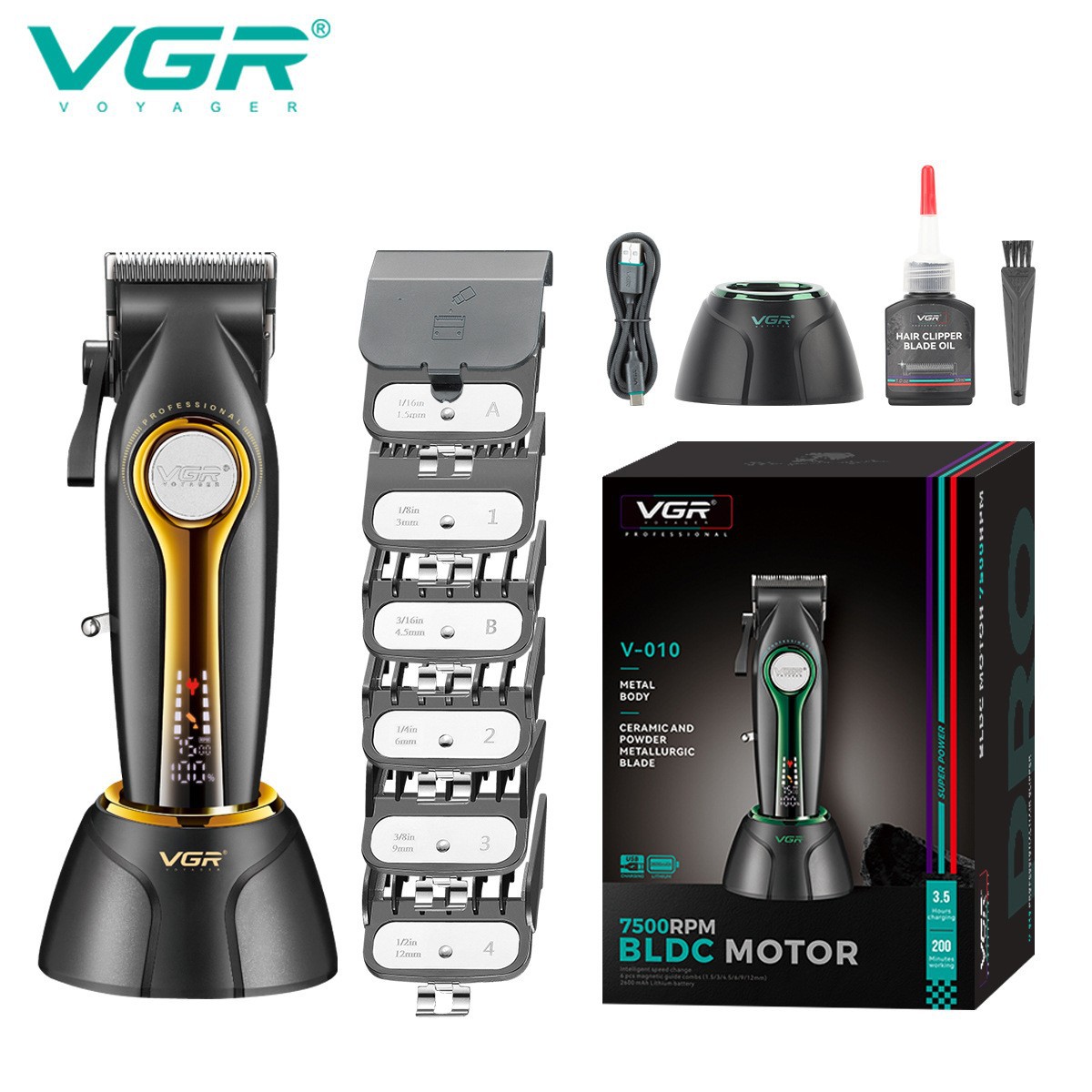 VGR010跨境新款电动电推剪数显男士油头带底座充电式大功率理发器