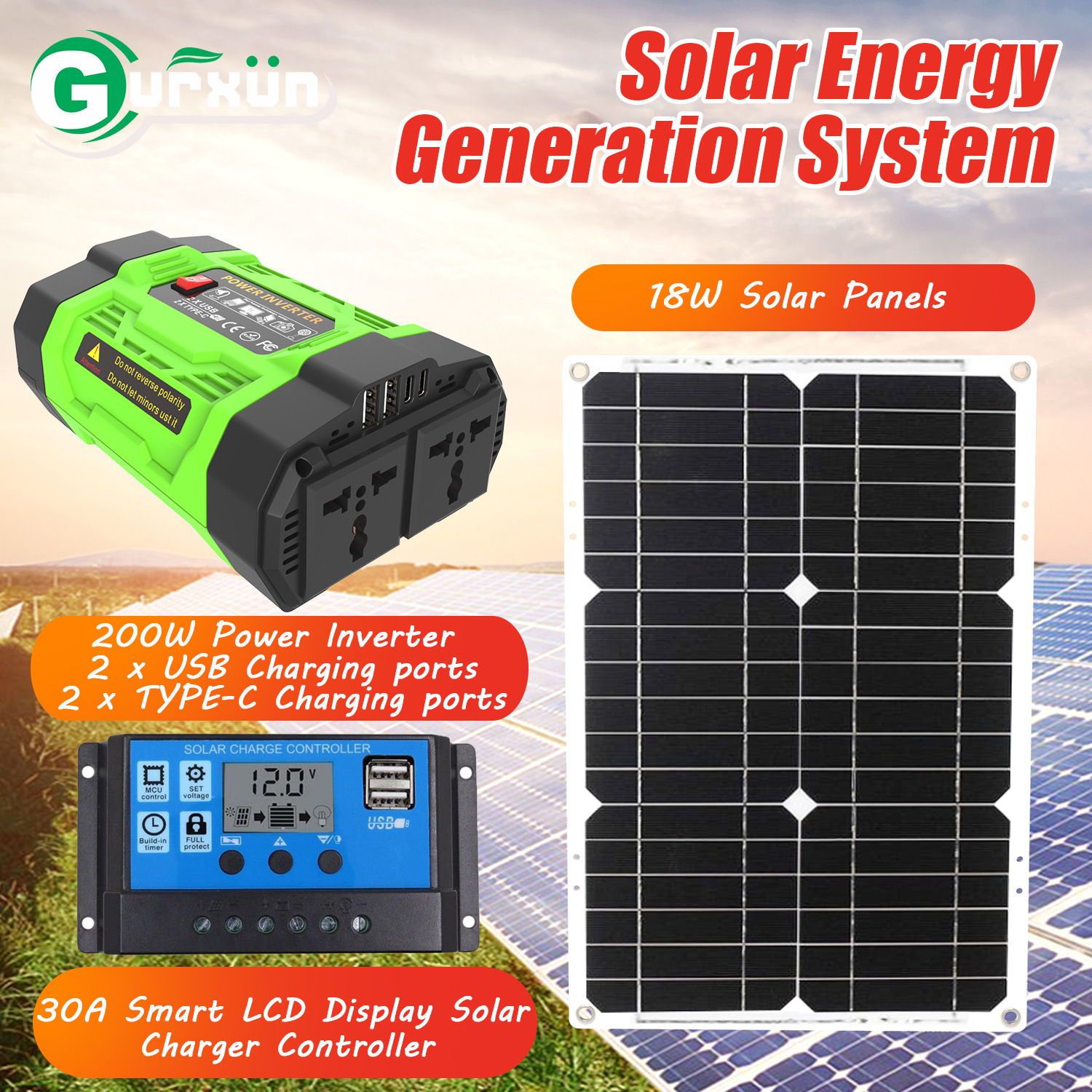200W Inverter Solar Set 12V to 220V 18W Solar Panel 30A Controller Dual Socket USB Port