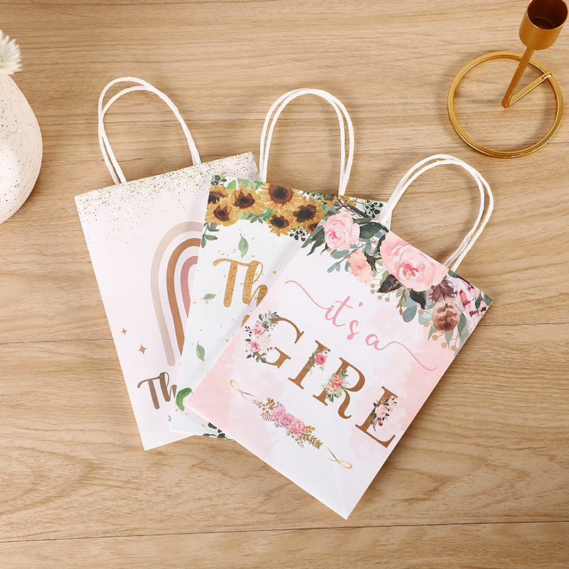 韩版ins礼品袋白牛皮纸袋婚礼花朵印花节日送礼伴手礼包装购物袋