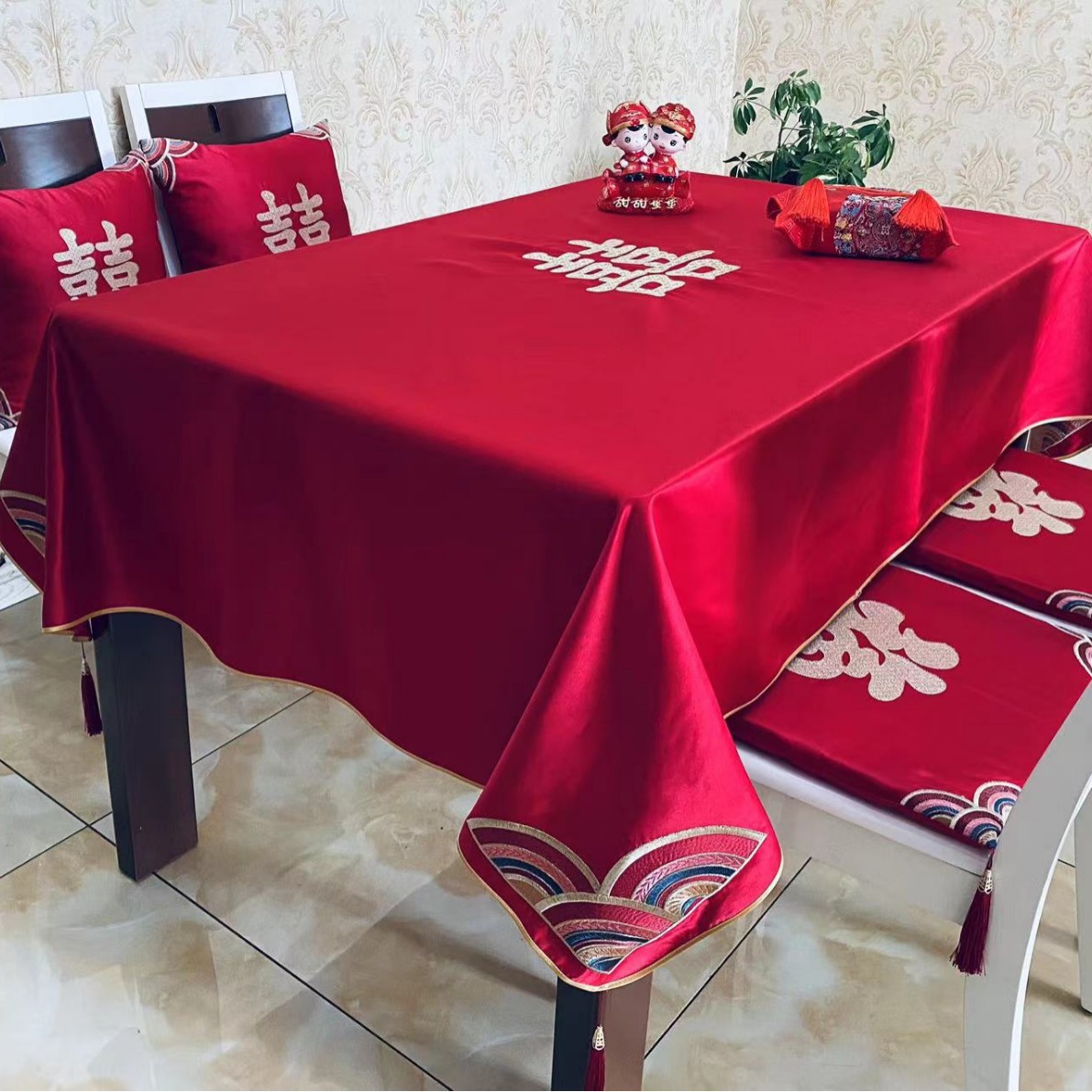 Tela de mesa de bodas, bandera de boda, mesa de té, tela roja china, ropa de mesa bordada, artículos de boda