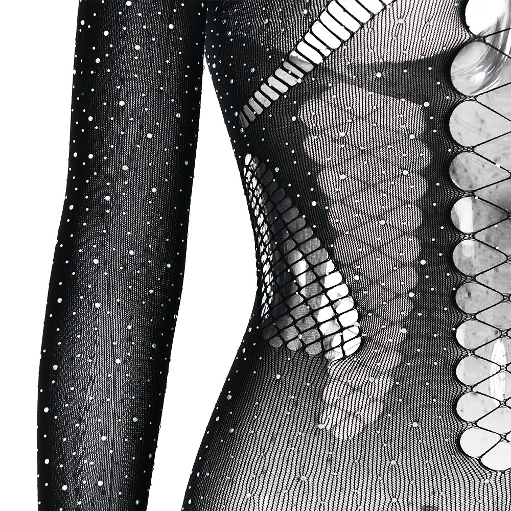 Women Sexy Rhinestone See through Hollow Out Cutout Backless Jumpsuit Long Sleeve Slim Fit Jumpsuit Summer