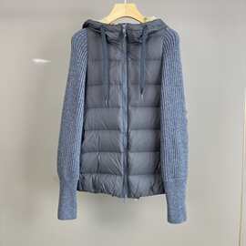 南油篙品24秋冬新款连帽钉珠拉链撞色羊毛羊绒针织袖拼接鹅绒外套