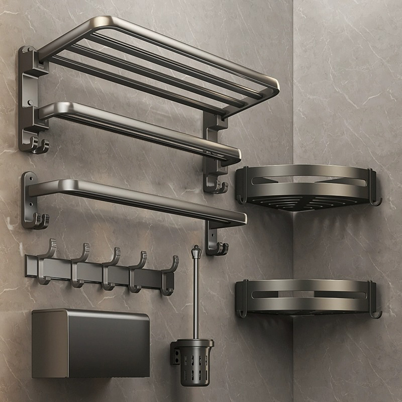 Gun gray towel rack space aluminum non-perforated toilet bathroom rack folding toilet towel rack set