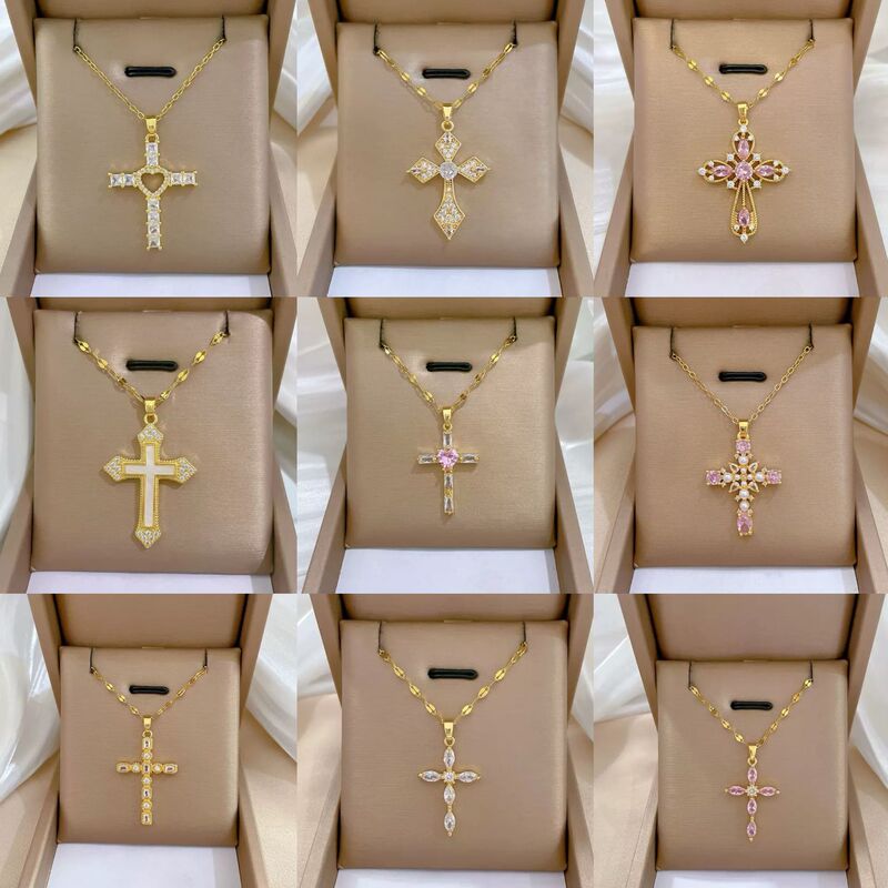 Full Diamond Cross Pendant [Titanium Steel] Light Luxury Zircon Clavicle Chain, Compact and Trendy Retro Titanium Steel Necklace
