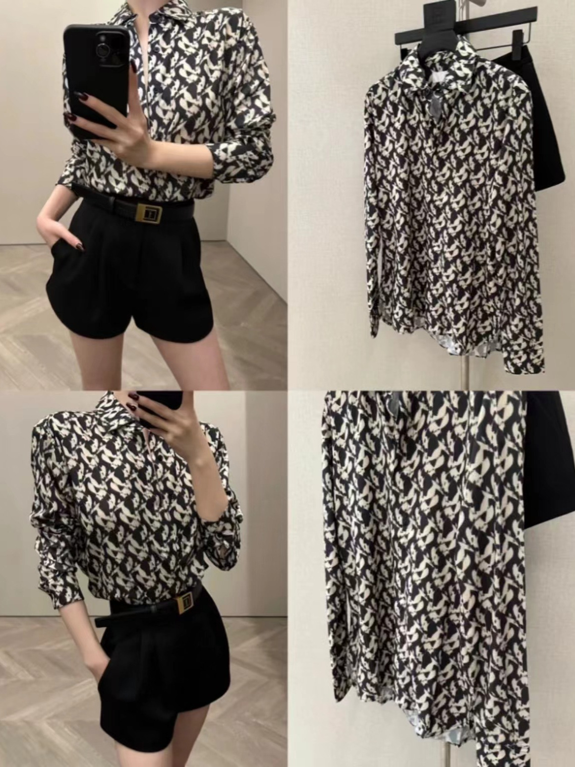 2024 otoño nuevo nicho de diseño novio camisa de estilo de mujer estilo de Hong Kong retro CHIC impresión de mujer camisa de manga larga
