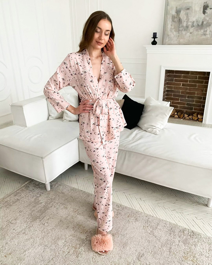 loose long sleeve lace-up floral print pajamas set NSMSY139552