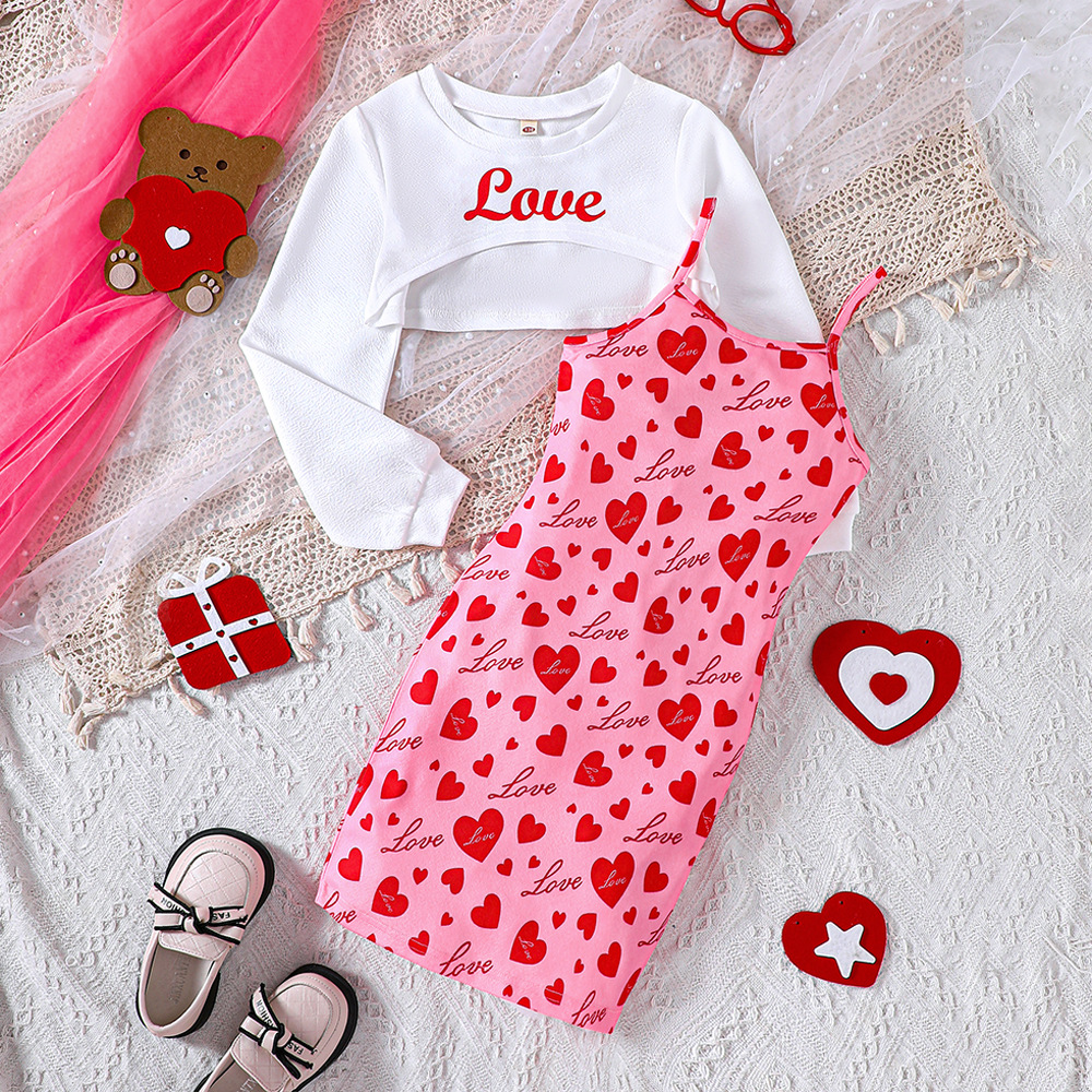 EW Abbigliamento per bambini Primavera/Estate Nuovo Top corto per bambini di taglia media e grande e bambine, Set gonna con spalline Love DTZ1012-D_voghion.com