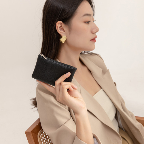 Unisex New Lychee Pattern Simple Zipper Wallet Ultra-Slim Short Zipper Card Coin Key Holder Purse