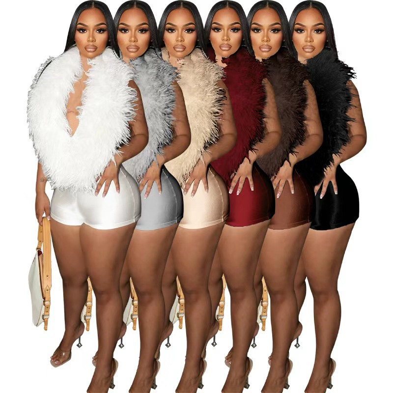 Hr25026 European and American Fashion Casual Women's Clothing Elegant Furry Deep V Halter Sexy Fashion Jumpsuit Shorts for Women
