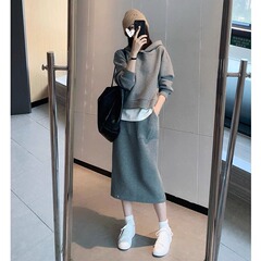 ゆるい大きいサイズの女装早秋カジュアルファッション2点セット帽子付きガーディアンスカートセット太ったmm200斤300
