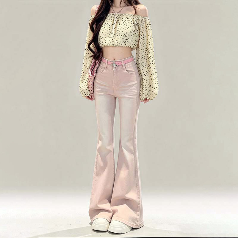 Pink high-waisted slimming micro-flare jeans for women, new spring-summer style, slim-fit, fashionable, versatile, with a high-end and trendy feel