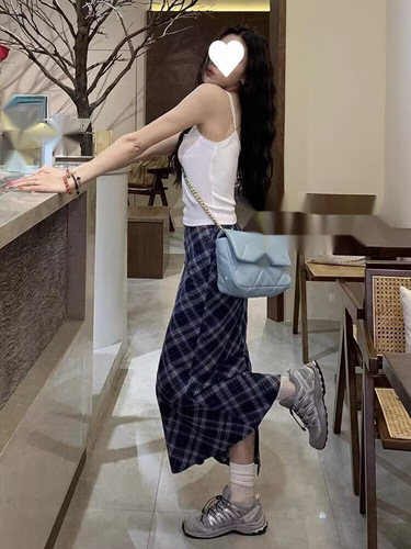Plus Size Women's Grid Semi-Skirt, Plaid Autumn/Winter Long Skirt Over Knee A-Line Skirt, Stylish Youthful Women's Skirt