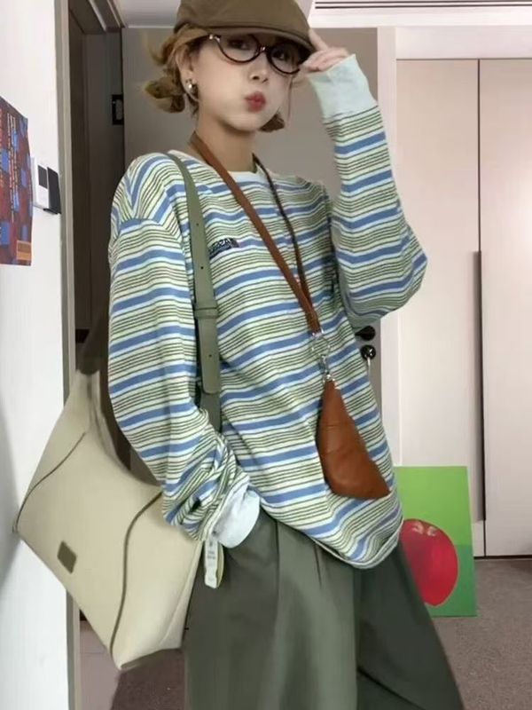 条纹正肩长袖t恤女春秋季设计感小众打底衫内搭体恤宽松上衣外穿|undefined