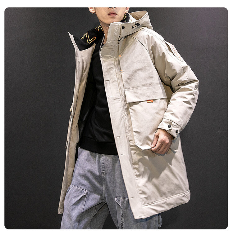 Men's Long Winter Workwear Down Jacket With Hood, Lightweight Warm Parka Coat For Cold Weather, Water-Resistant Polyester Shell, Machine Washable_voghion.com