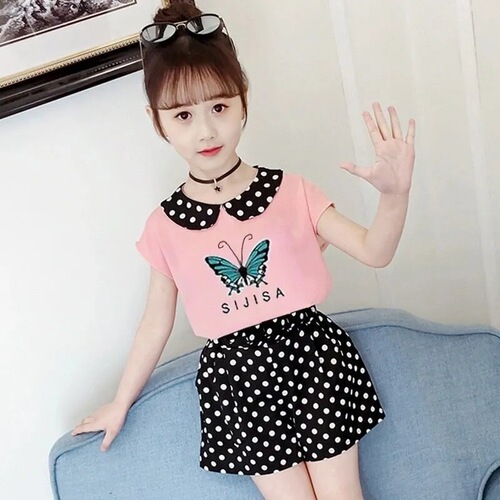 Girls' suits, summer clothes, new Korean style sports suits for primary and secondary school students, little girls' fashionable beach shorts two-piece set
