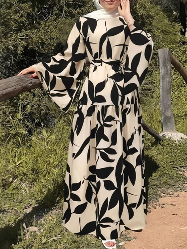 Muslim Commuter Holiday Leisure Flared-Sleeve Dress for Women, 2024 Winter New Arrival Simple Long-Sleeved Pullover Robe