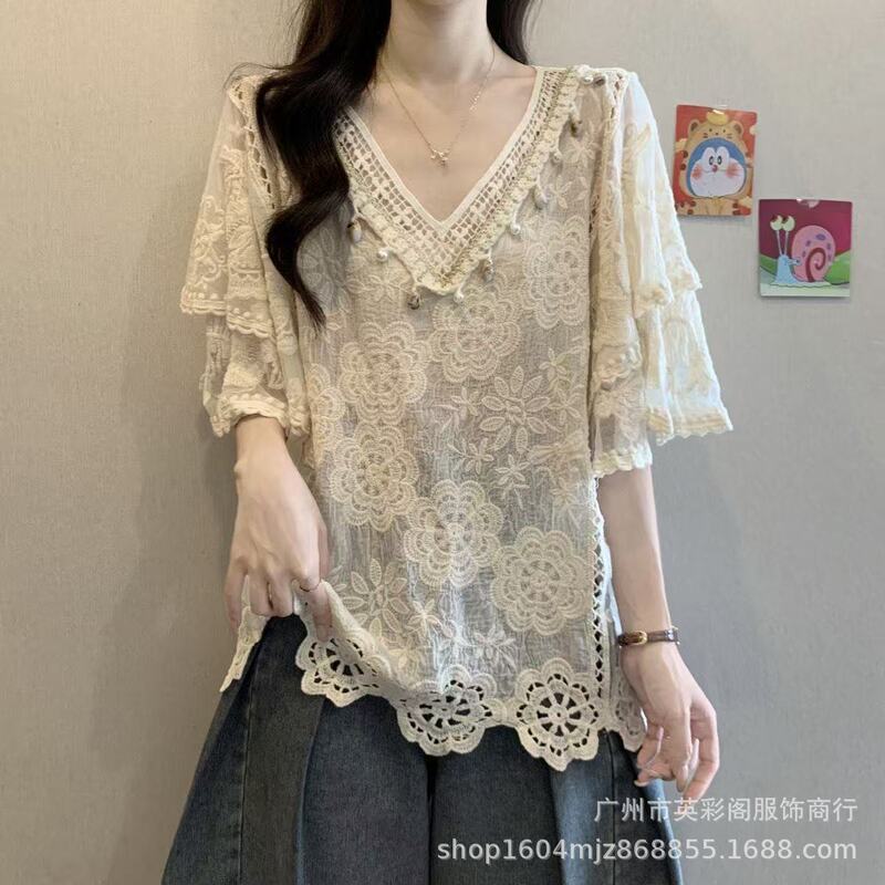 Summer New Fashion Korean Style Loose Knit Top Versatile Three-Quarter Sleeve Lace Top Jacquard Hollow Versatile Top Trendy