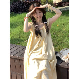 甜美温柔仙女度假风小飞袖设计黄色连衣裙女生夏季宽松显瘦中长裙