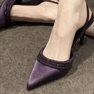 Spring and Summer 2025 New Purple Pointed Stiletto Heels Sexy One-word Satin Beautiful Baotou Sandals for Women