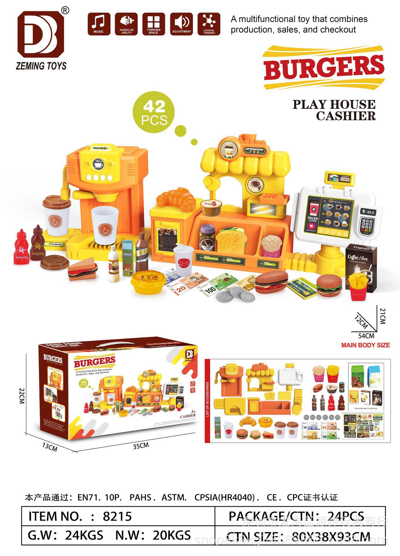 Simulación transfronteriza infantil de supermercado de compras helados hamburguesas cafetera juegos caseros cajas registradoras