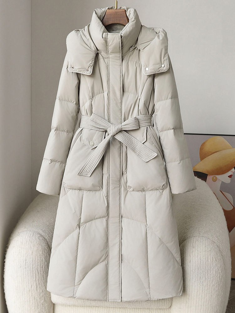 Gran venta, chaqueta de plumón para mujer, nueva chaqueta de otoño e invierno 2025, chaqueta holgada de plumón de pato blanco Pinghu con cuello levantado largo