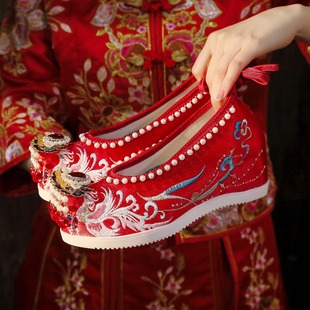 Supreme Phoenix 2024 Chinese wedding shoes embroidered toast shoes Xiuhe dress bridal shoes ancient costume high heel bow shoes