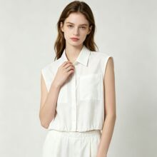 鑫阁法式白色亚麻马甲女夏新款翻领无袖衬衫宽松显瘦短款外穿坎肩