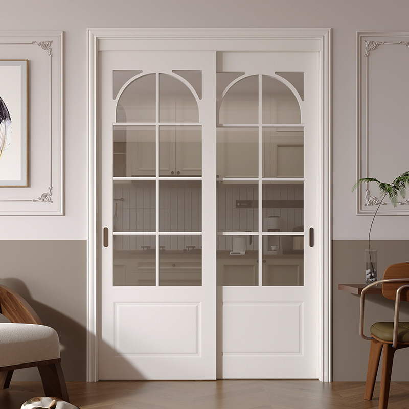 Customized French White Cream Style Simple Sliding Wooden Door Small Apartment Kitchen Glass Trackless Door Sliding Door