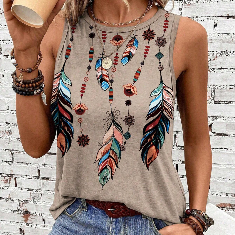 Cross-border Amazon Western Retro Feather Thread Printed Casual Round Neck Vest Cross-border Sleeveless Summer Vest Cross-border Amazon Western Retro Feather Thread Printed Casual Round Neck Vest Cross-border Sleeveless Summer Vest